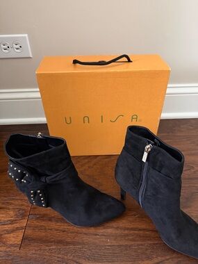 Unisa Black Suede Bow Studded Ankle Boots